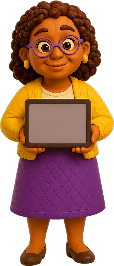 Dona Nina, a professora, segurando um tablet com a apresentação da coleção
