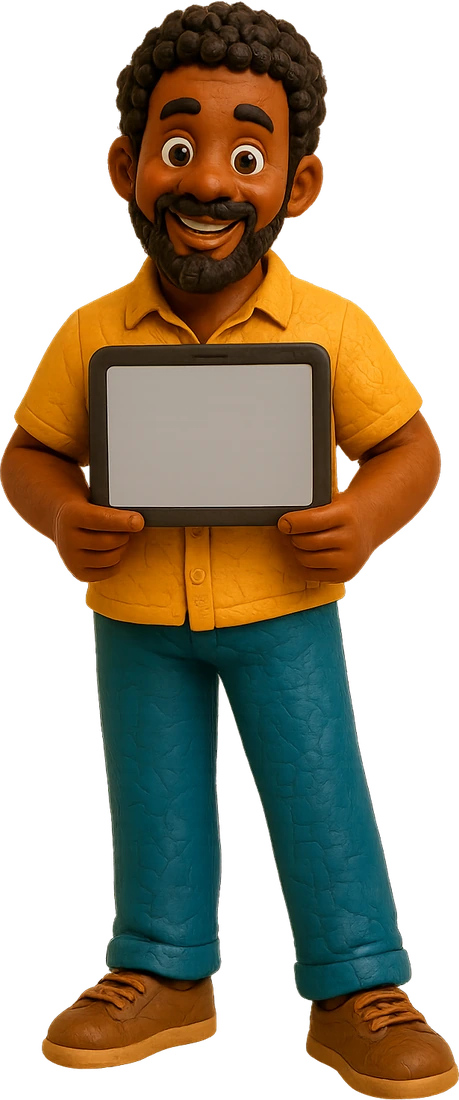 Seu Fubá segurando um tablet com o vídeo em LIBRAS